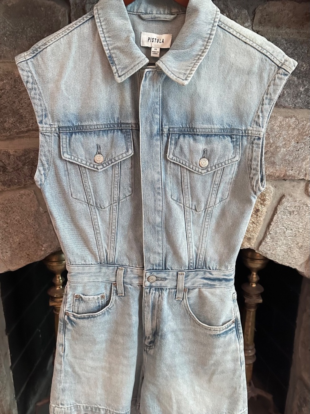 Pistola Everly XS Denim Romper Light Wash Sleeveless Utility Jean Shorts NWT - Picture 8 of 9